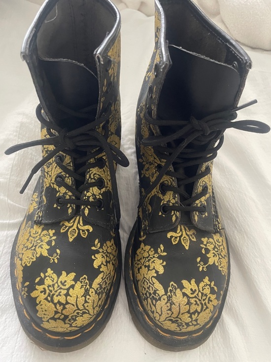 Dr. Martens Shoes - Dr. Martens Black Lace-Up Boots with Gold Floral Jacquard Detailing